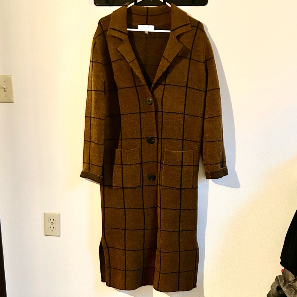 John+Jenn Brown Windowpane Check/Black Lines Women's Long Sweater Coat:XS